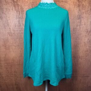 LOGO Lori Goldstein size S blue grass green long sleeve blouse lace glitter